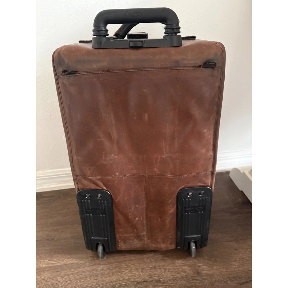 Tumi Brown Leather Rolling Suitcase Upright Luggage Bag Distressed 24 Inch